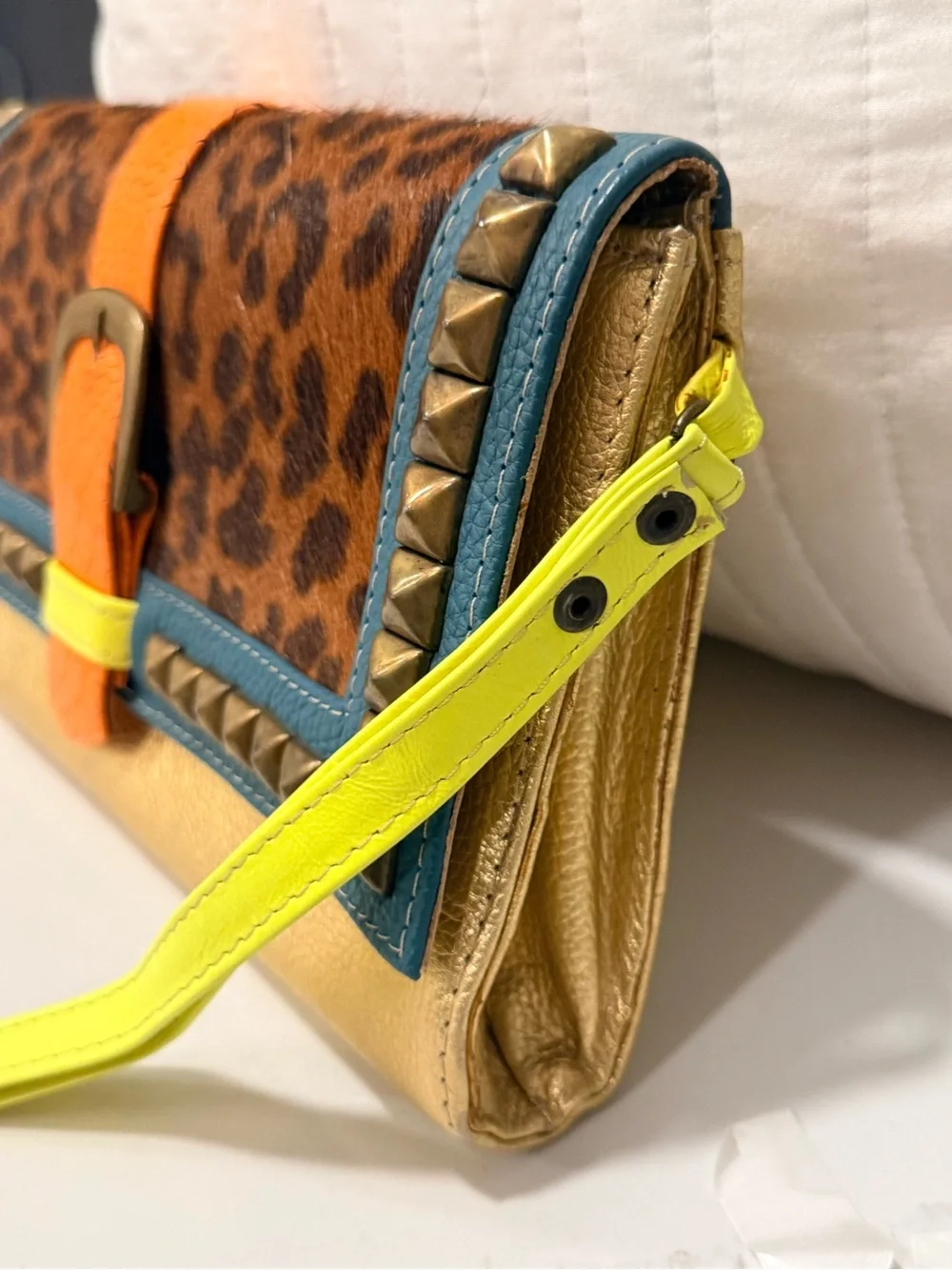 Rare Vintage Genuine Argentine Leather Leopard - print, Gold Clutch